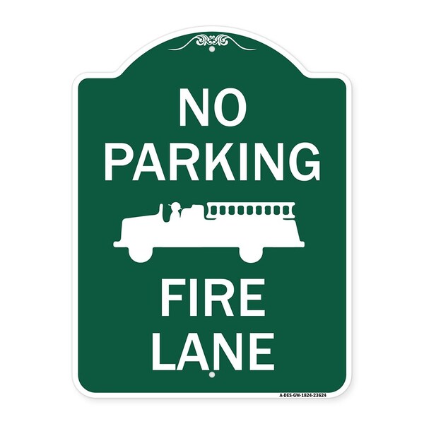 Signmission No Parking Fire Lane W/ Graphic, Green & White Aluminum Architectural Sign, 18" x 24", GW-1824-23624 A-DES-GW-1824-23624 - main